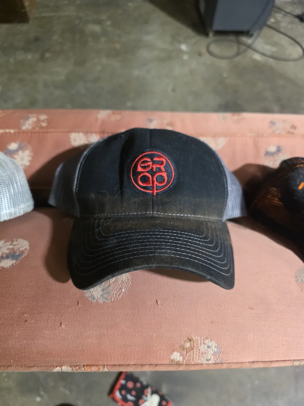 Black and Gray Trucker Hat with Red Logo - Men’s Adjustable Cap